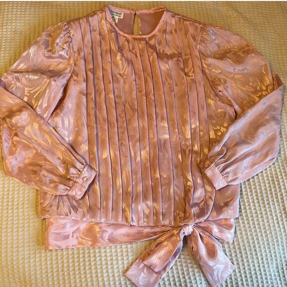 VTG In The Mood Pleated Long Sleeve Brocade Silky Pink Grandma Core Blouse 10 - Picture 8 of 12